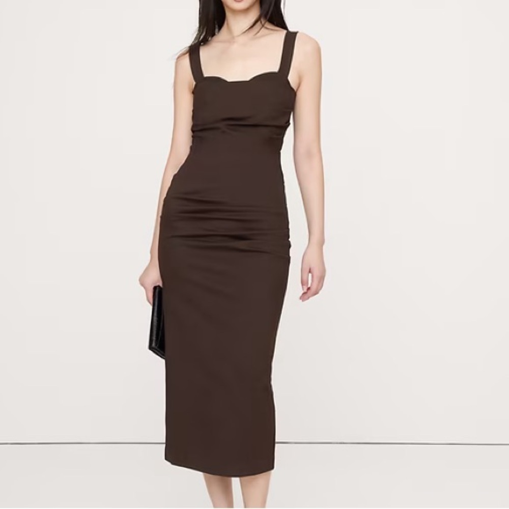 NWT! BANANA REPUBLIC GANACHE BROWN EVERYWHERE PONTE RUCHED MIDI DRESS 📌
